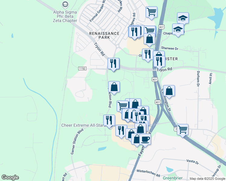 map of restaurants, bars, coffee shops, grocery stores, and more near 3751 Junction Boulevard in Raleigh