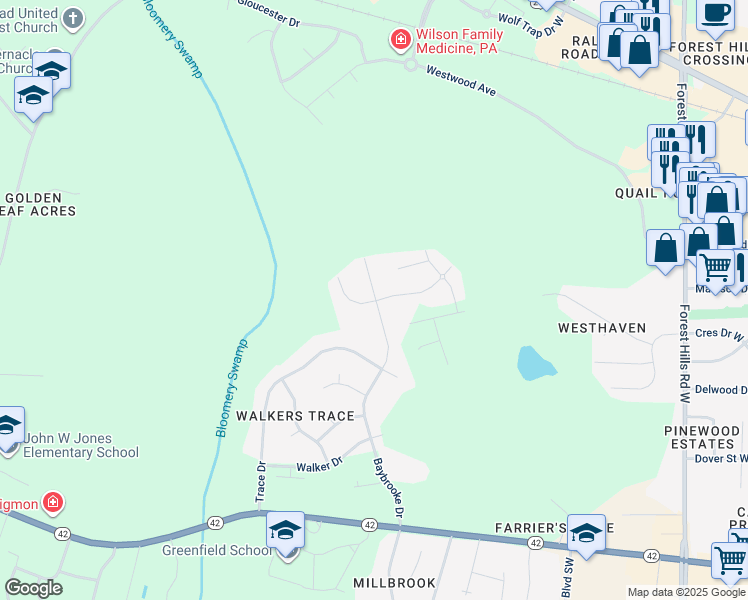 map of restaurants, bars, coffee shops, grocery stores, and more near 3812 Ramblewood Hill Drive West in Wilson
