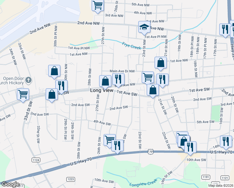 map of restaurants, bars, coffee shops, grocery stores, and more near 2505 1st Avenue Southwest in Hickory