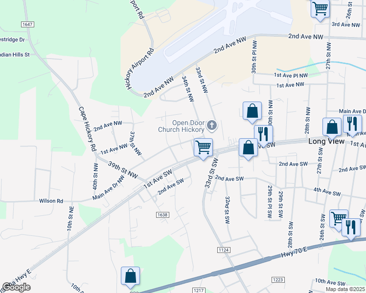 map of restaurants, bars, coffee shops, grocery stores, and more near 3511 Main Avenue Drive Northwest in Hickory