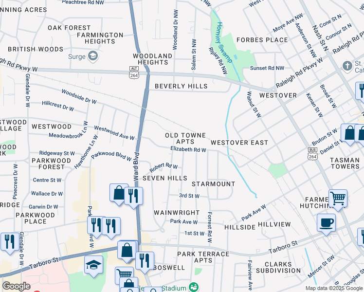 map of restaurants, bars, coffee shops, grocery stores, and more near 1110 Elizabeth Road West in Wilson