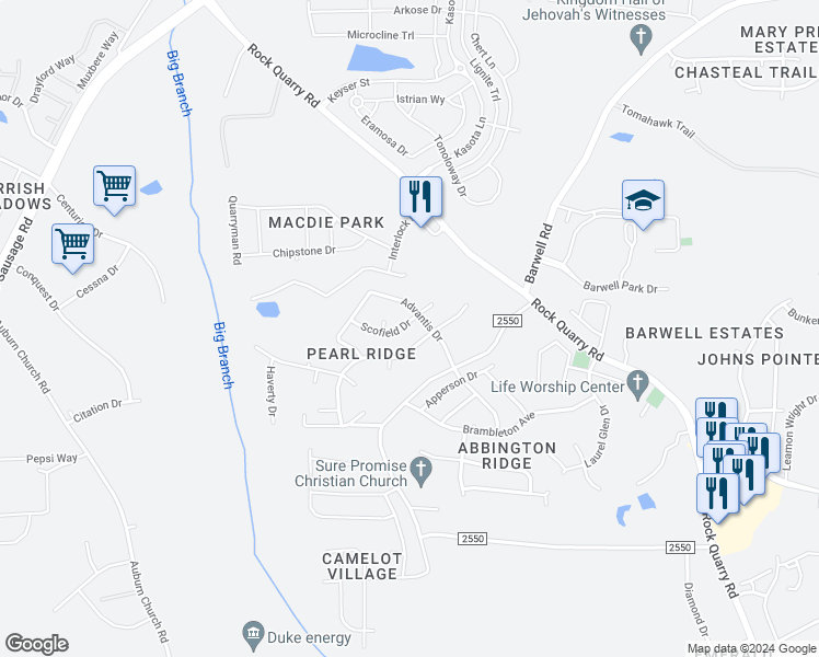 map of restaurants, bars, coffee shops, grocery stores, and more near 4013 Scofield Drive in Raleigh