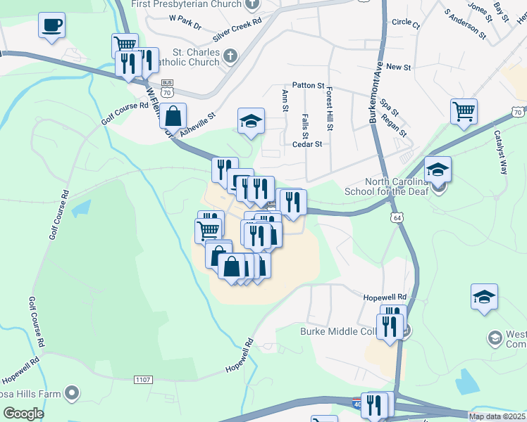 map of restaurants, bars, coffee shops, grocery stores, and more near 114 Morganton Heights Boulevard in Morganton