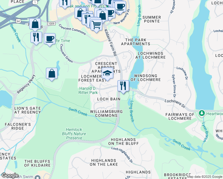 map of restaurants, bars, coffee shops, grocery stores, and more near 413 Palace Green in Cary