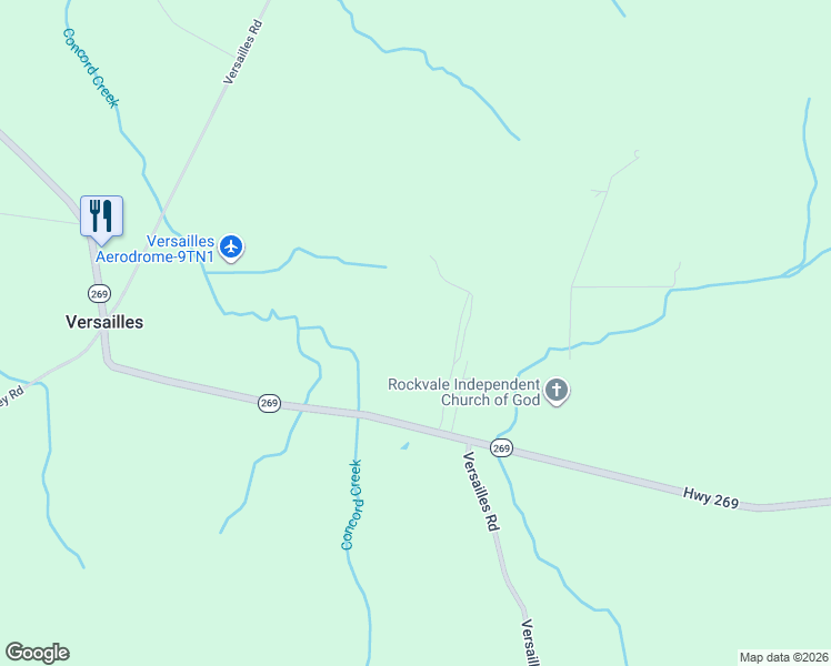 map of restaurants, bars, coffee shops, grocery stores, and more near 12785 Versailles Road in Rockvale
