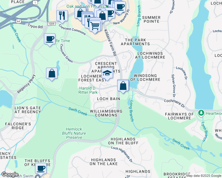 map of restaurants, bars, coffee shops, grocery stores, and more near 413 Palace Green in Cary