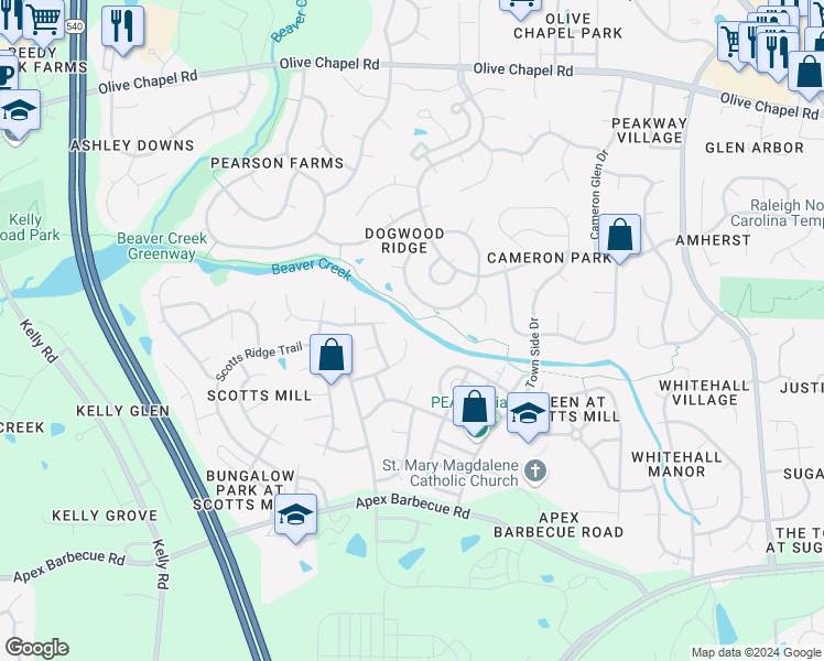 map of restaurants, bars, coffee shops, grocery stores, and more near 410 Maple Creek Court in Apex