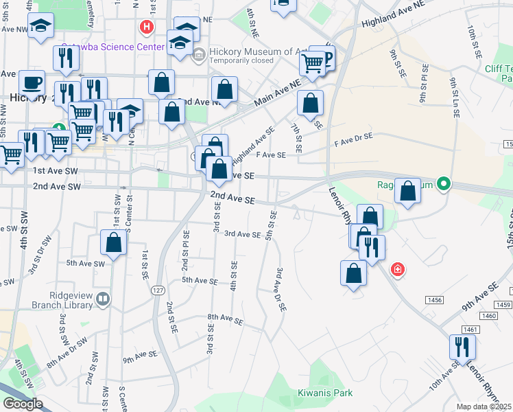 map of restaurants, bars, coffee shops, grocery stores, and more near 426 2nd Avenue Southeast in Hickory
