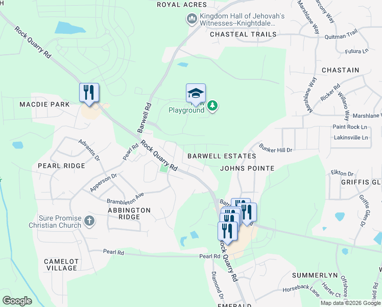 map of restaurants, bars, coffee shops, grocery stores, and more near 5909 Rock Quarry Road in Raleigh