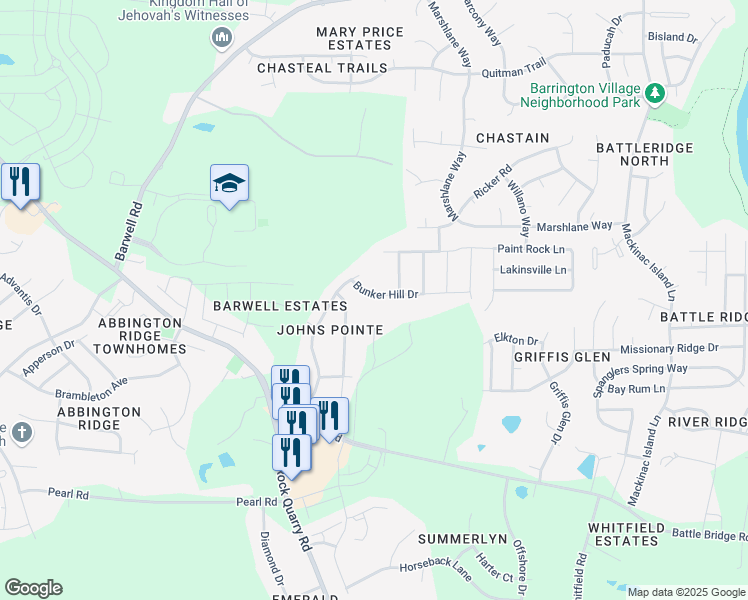 map of restaurants, bars, coffee shops, grocery stores, and more near 6324 Bunker Hill Drive in Raleigh