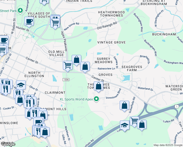 map of restaurants, bars, coffee shops, grocery stores, and more near 803 Myrtle Grove Lane in Apex