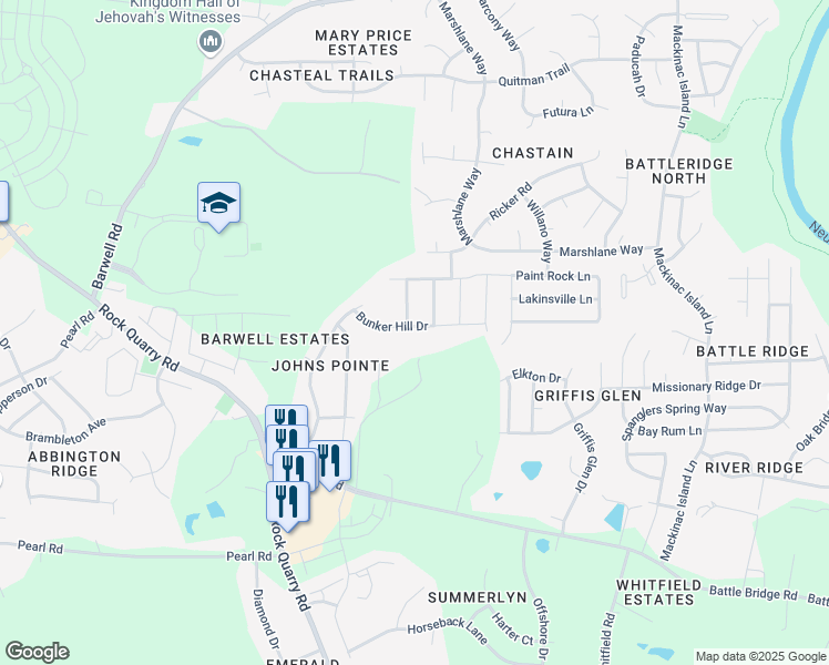 map of restaurants, bars, coffee shops, grocery stores, and more near 6408 Bunker Hill Drive in Raleigh