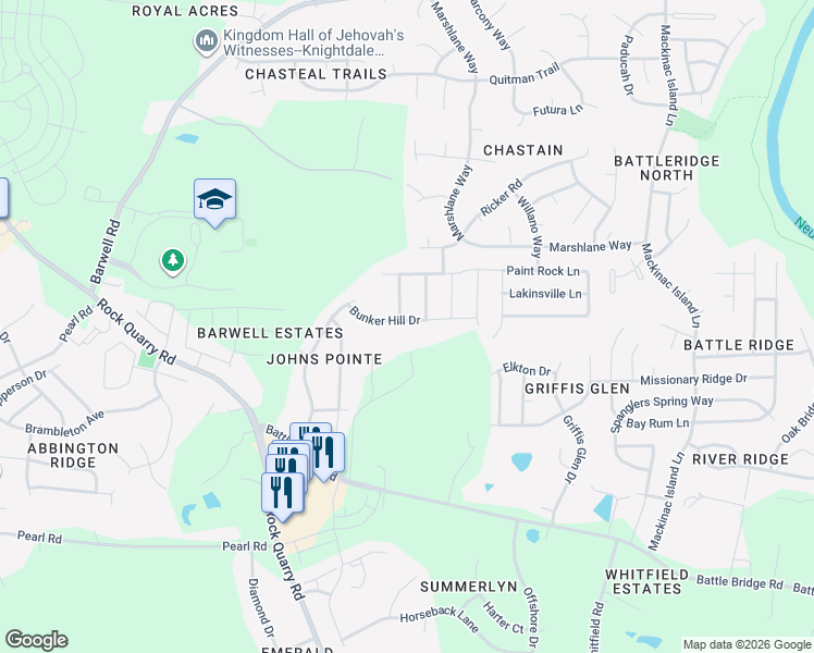 map of restaurants, bars, coffee shops, grocery stores, and more near 6408 Bunker Hill Drive in Raleigh