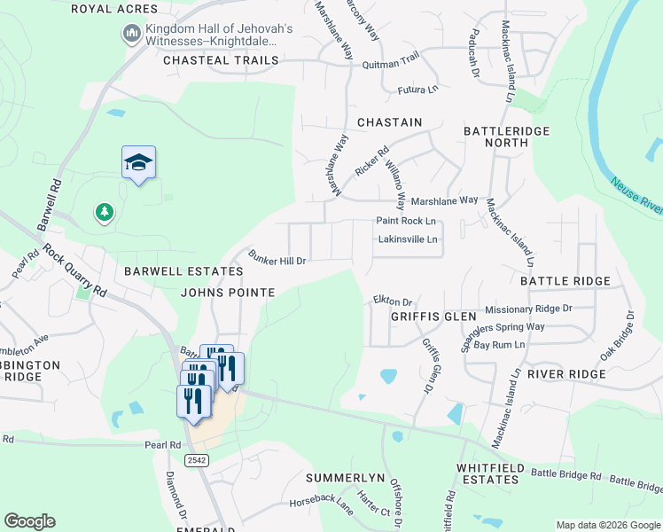 map of restaurants, bars, coffee shops, grocery stores, and more near 6608 Bunker Hill Drive in Raleigh