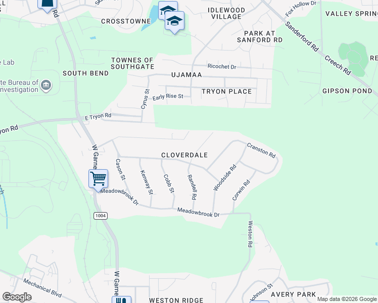 map of restaurants, bars, coffee shops, grocery stores, and more near 1229 Southerlund Road in Garner
