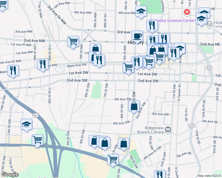 map of restaurants, bars, coffee shops, grocery stores, and more near 308 6th Street Southwest in Hickory