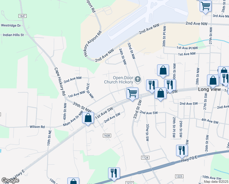 map of restaurants, bars, coffee shops, grocery stores, and more near 3511 Main Avenue Drive Northwest in Hickory