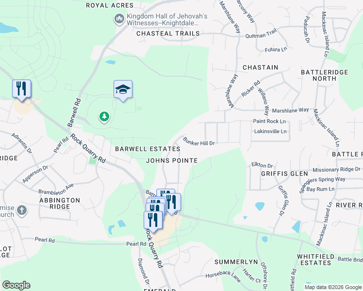 map of restaurants, bars, coffee shops, grocery stores, and more near 3925 Patriot Ridge Court in Raleigh
