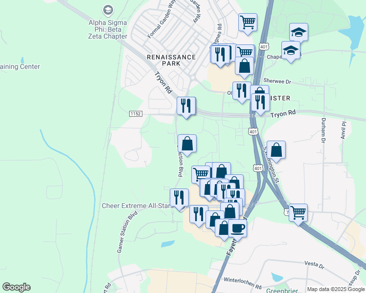 map of restaurants, bars, coffee shops, grocery stores, and more near 3735 Junction Boulevard in Raleigh