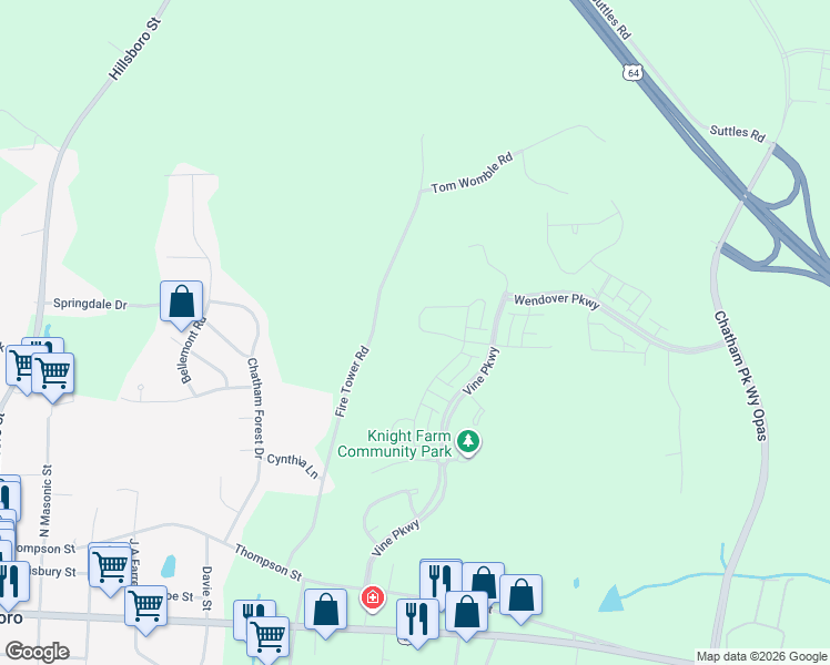 map of restaurants, bars, coffee shops, grocery stores, and more near 171 Millennium Drive in Pittsboro