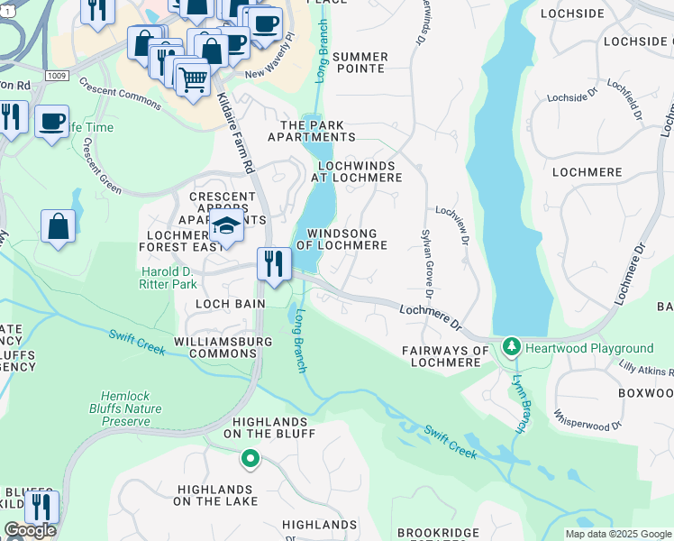 map of restaurants, bars, coffee shops, grocery stores, and more near 213 East Wind Lane in Cary