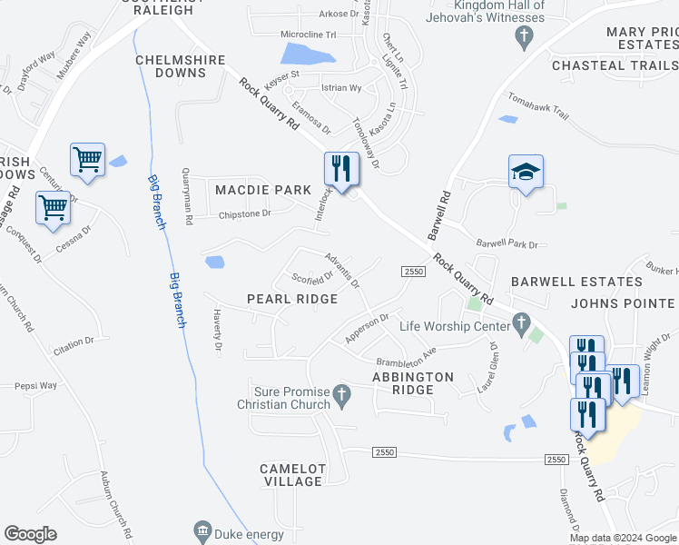 map of restaurants, bars, coffee shops, grocery stores, and more near 4005 Scofield Drive in Raleigh