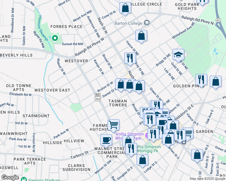 map of restaurants, bars, coffee shops, grocery stores, and more near 299 Daniel Street West in Wilson