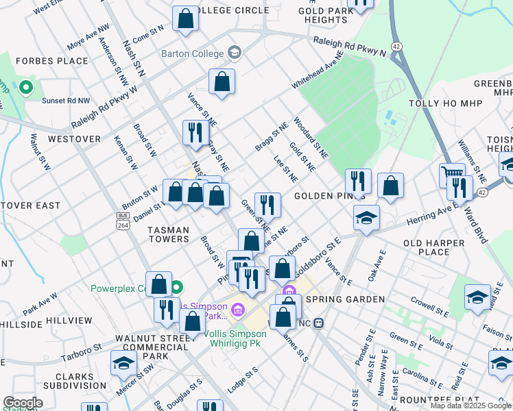 map of restaurants, bars, coffee shops, grocery stores, and more near 302 Green Street Northeast in Wilson