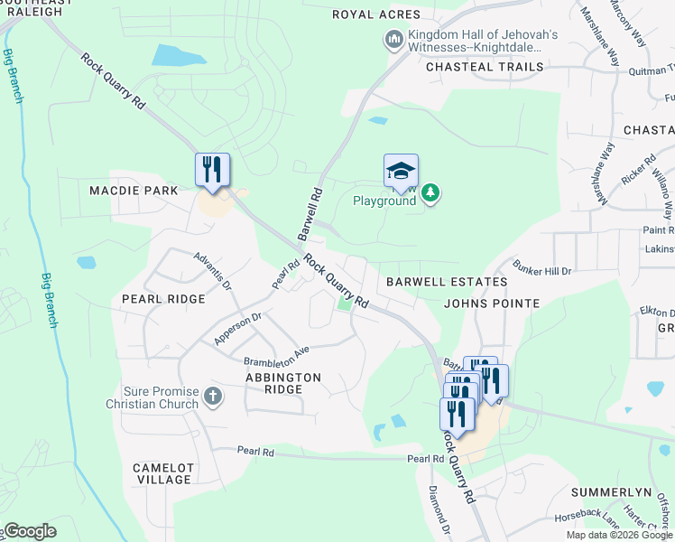 map of restaurants, bars, coffee shops, grocery stores, and more near 3700 Quarry Trace Drive in Raleigh