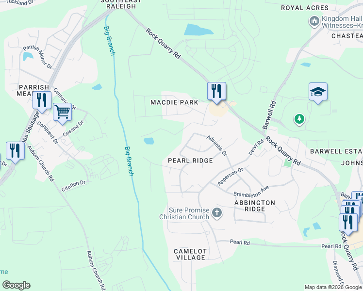 map of restaurants, bars, coffee shops, grocery stores, and more near 5400 Gunnette Drive in Raleigh
