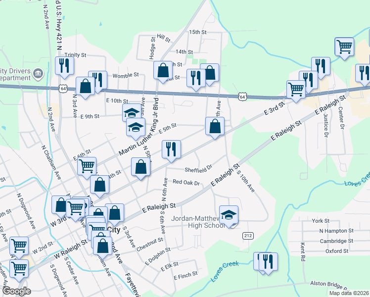 map of restaurants, bars, coffee shops, grocery stores, and more near 610 East 3rd Street in Siler City