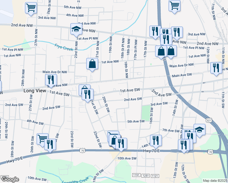 map of restaurants, bars, coffee shops, grocery stores, and more near 1st Avenue Southwest in Hickory