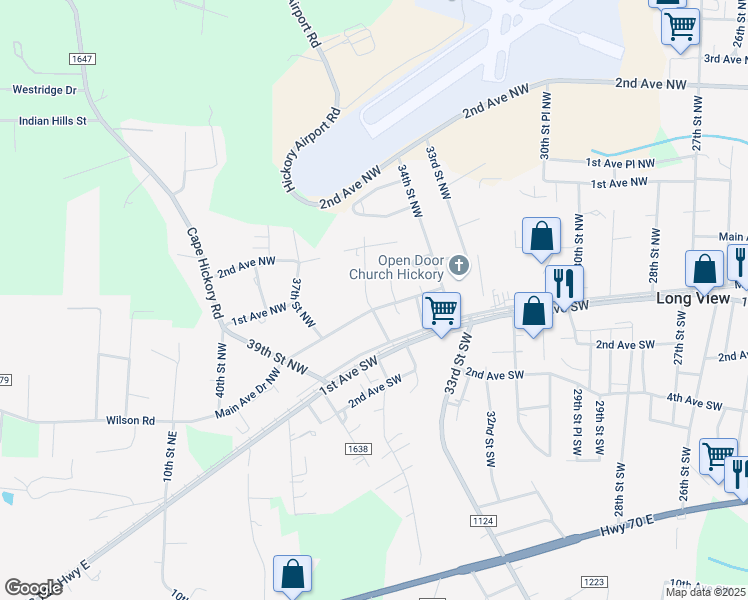 map of restaurants, bars, coffee shops, grocery stores, and more near 3550 Main Avenue Drive Northwest in Hickory