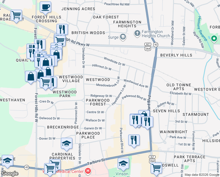 map of restaurants, bars, coffee shops, grocery stores, and more near 1710 Meadowbrook Lane West in Wilson