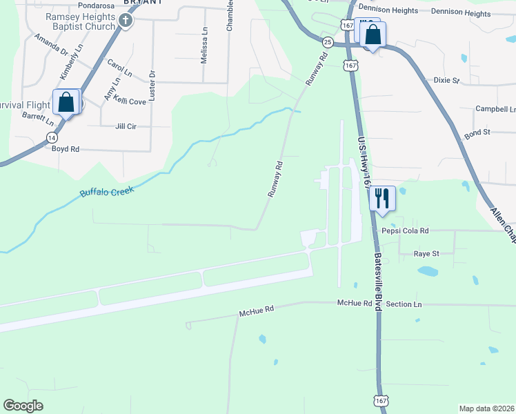 map of restaurants, bars, coffee shops, grocery stores, and more near 485 Runway Road in Batesville