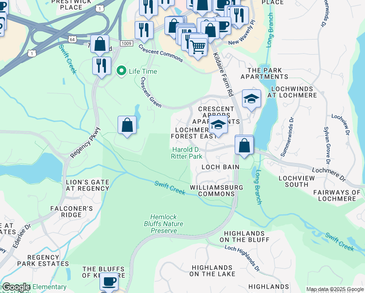 map of restaurants, bars, coffee shops, grocery stores, and more near 302 Windance Court in Cary