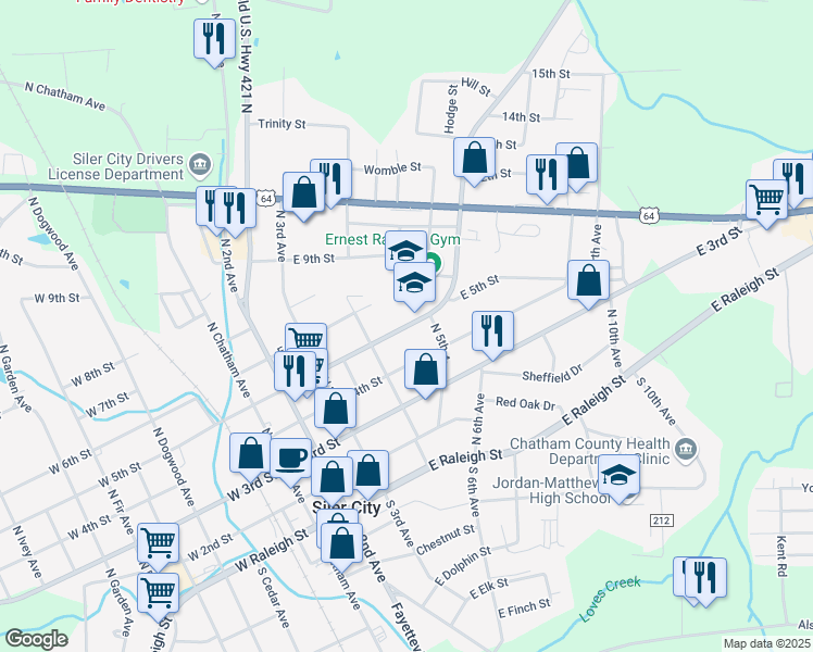 map of restaurants, bars, coffee shops, grocery stores, and more near 439 Martin Luther King Junior Boulevard in Siler City