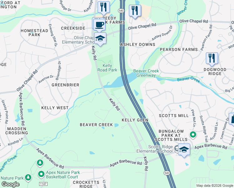 map of restaurants, bars, coffee shops, grocery stores, and more near 1702 Kelly Glen Drive in Apex