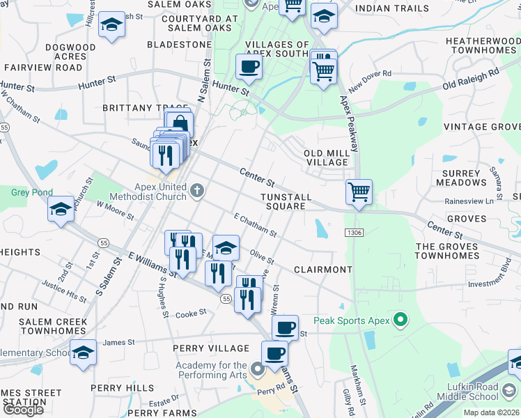 map of restaurants, bars, coffee shops, grocery stores, and more near 409 Culvert Street in Apex