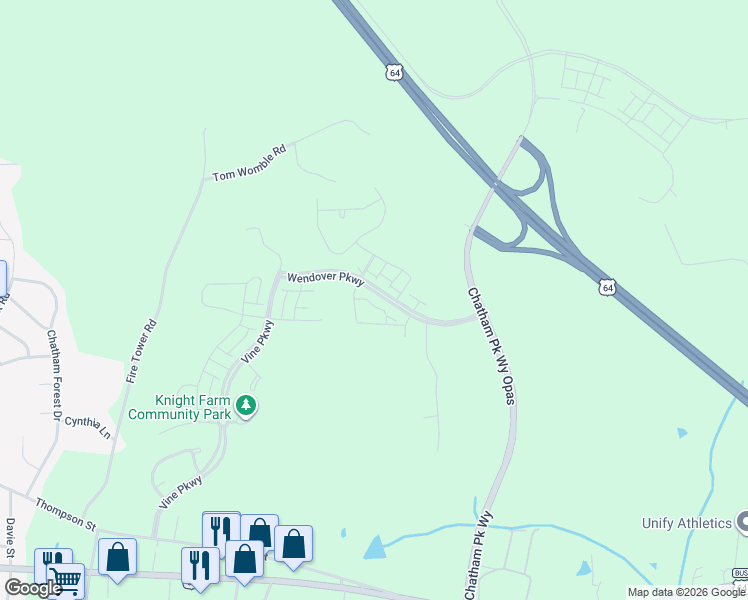 map of restaurants, bars, coffee shops, grocery stores, and more near Wendover Parkway in Pittsboro