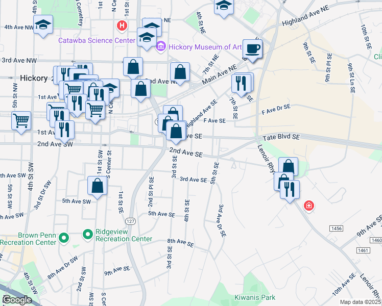 map of restaurants, bars, coffee shops, grocery stores, and more near 2nd Avenue Southeast in Hickory
