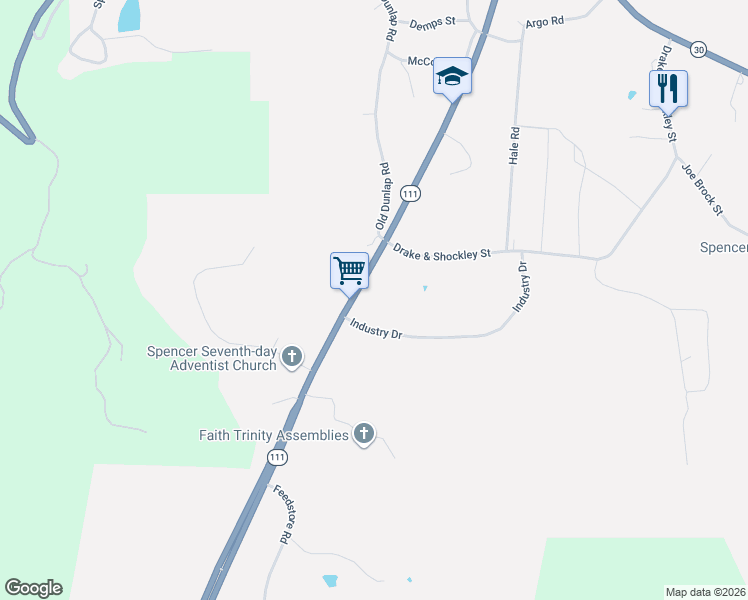 map of restaurants, bars, coffee shops, grocery stores, and more near 14046 Tennessee 111 in Spencer