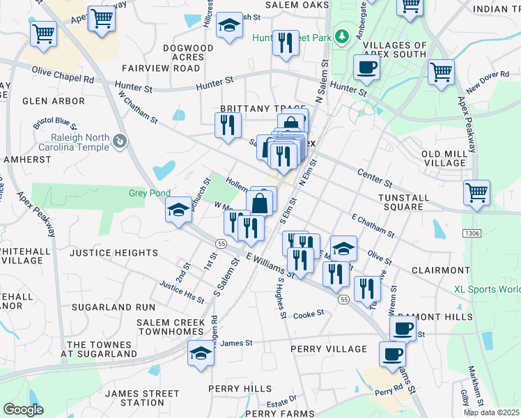 map of restaurants, bars, coffee shops, grocery stores, and more near 206 South Salem Street in Apex