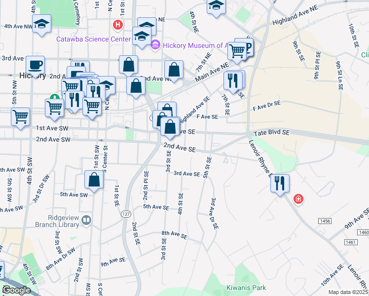 map of restaurants, bars, coffee shops, grocery stores, and more near 2nd Avenue Southeast in Hickory