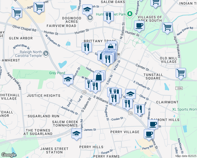 map of restaurants, bars, coffee shops, grocery stores, and more near 206 South Salem Street in Apex