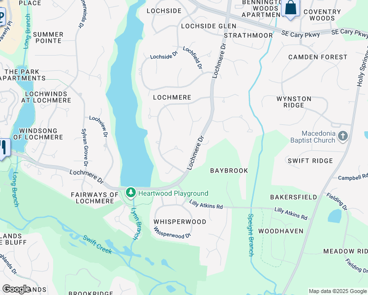 map of restaurants, bars, coffee shops, grocery stores, and more near 113 Windy Rush Lane in Cary