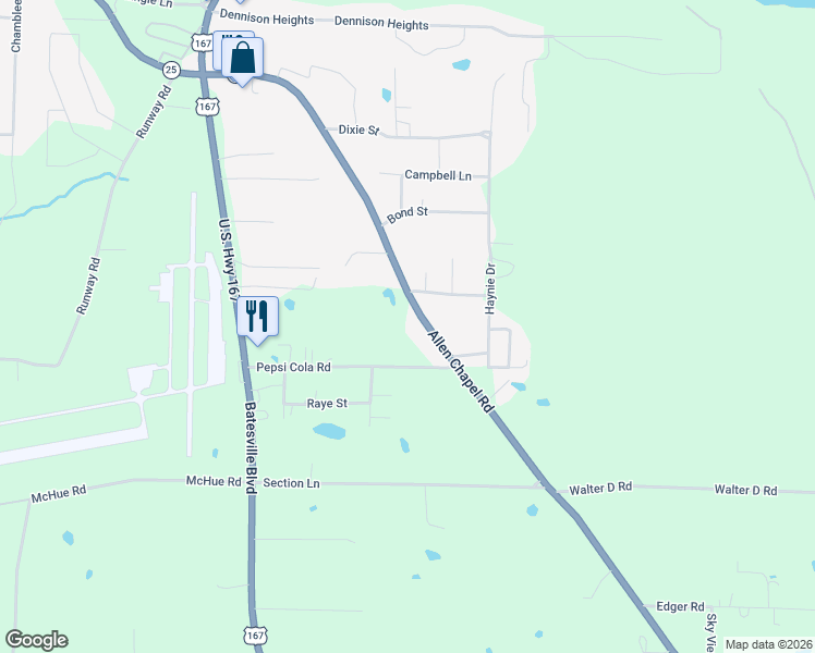 map of restaurants, bars, coffee shops, grocery stores, and more near 470 Allen Chapel Road in Batesville