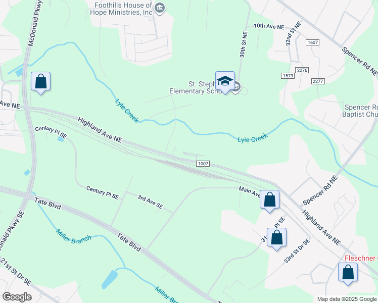 map of restaurants, bars, coffee shops, grocery stores, and more near 2875 Highland Avenue Northeast in Hickory