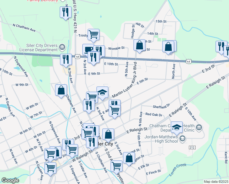 map of restaurants, bars, coffee shops, grocery stores, and more near 439 Martin Luther King Junior Boulevard in Siler City