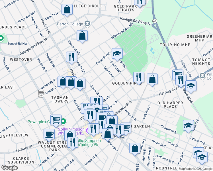 map of restaurants, bars, coffee shops, grocery stores, and more near 310 Maplewood Avenue Northeast in Wilson
